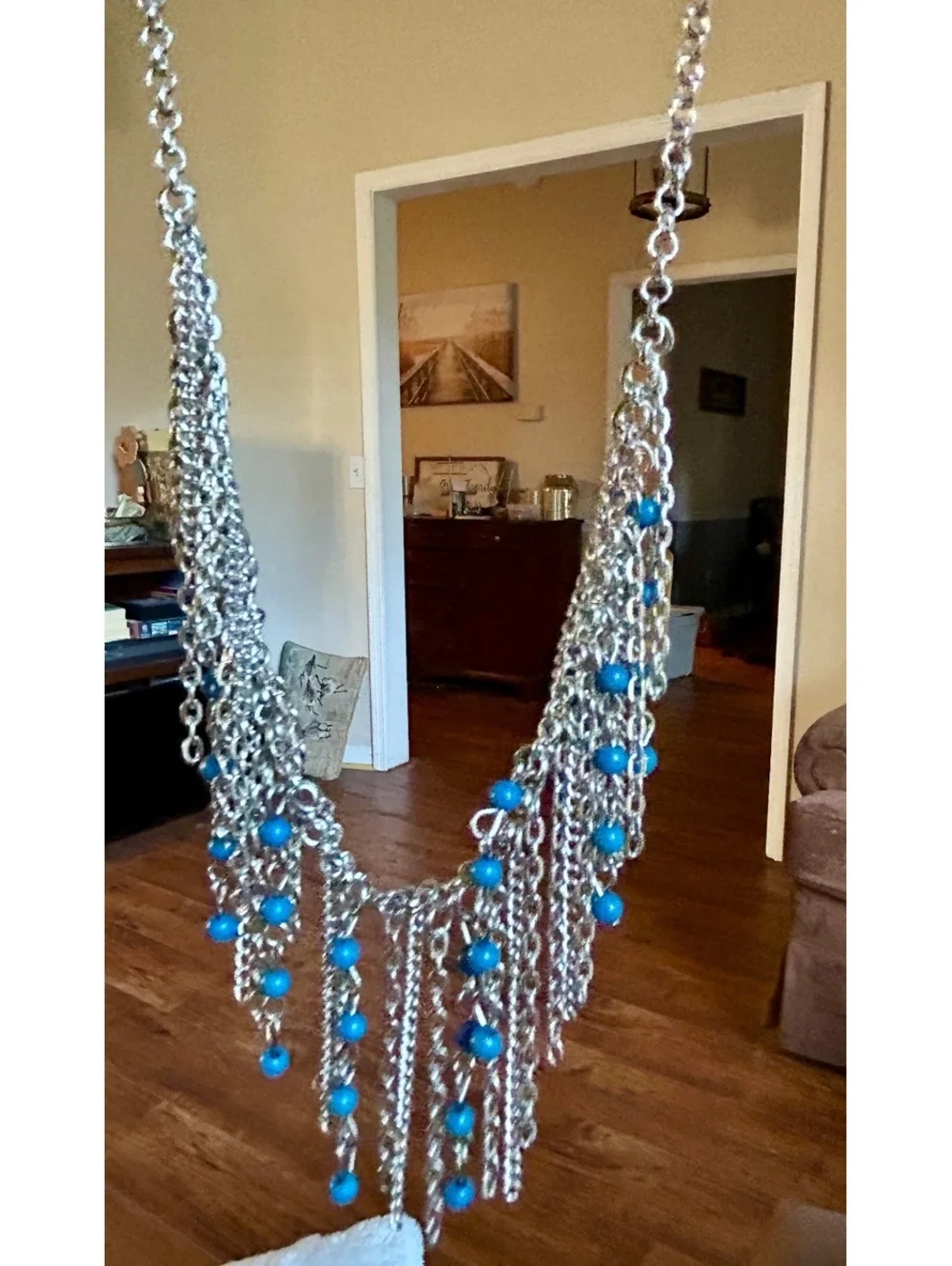 Silver Chain Necklace and Earrings Set with Blue Beads
